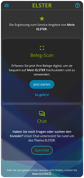 Screenshot der Startseite der App Mein ELSTER Plus Screenshot der Startseite der App Mein ELSTER Plus