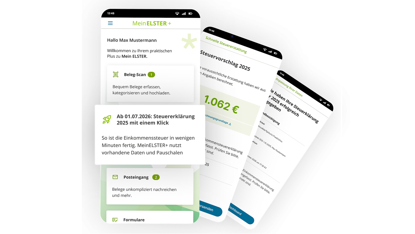 Screenshots der Steuererklärung mit einem Klick innerhalb der App. Es wird die Startseite der App, sowie sie Seite mit dem Ergebnis der Steuerberechnung dargestellt.