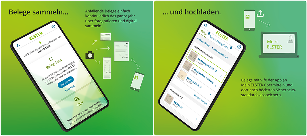 Grafik mit Oberflächendarstellung der App Mein ELSTER Plus Grafik mit Oberflächendarstellung der App Mein ELSTER Plus