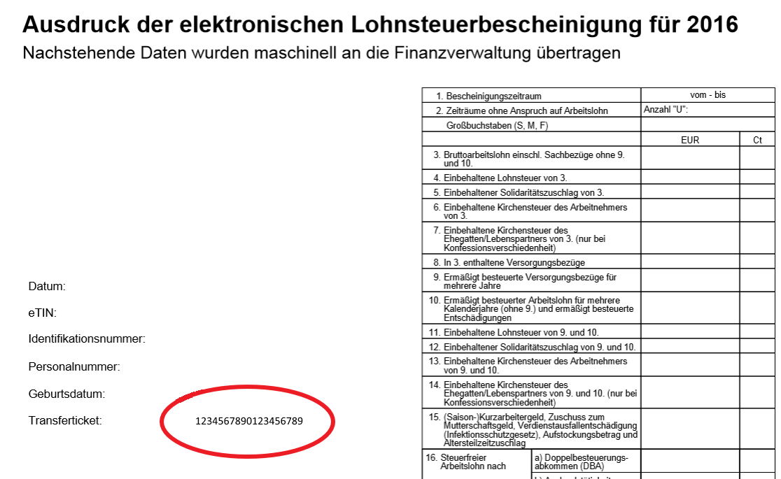 Beispiel einer Lohnsteuerbescheinigung Beispiel einer Lohnsteuerbescheinigung, Transferticket ist farblich markiert.